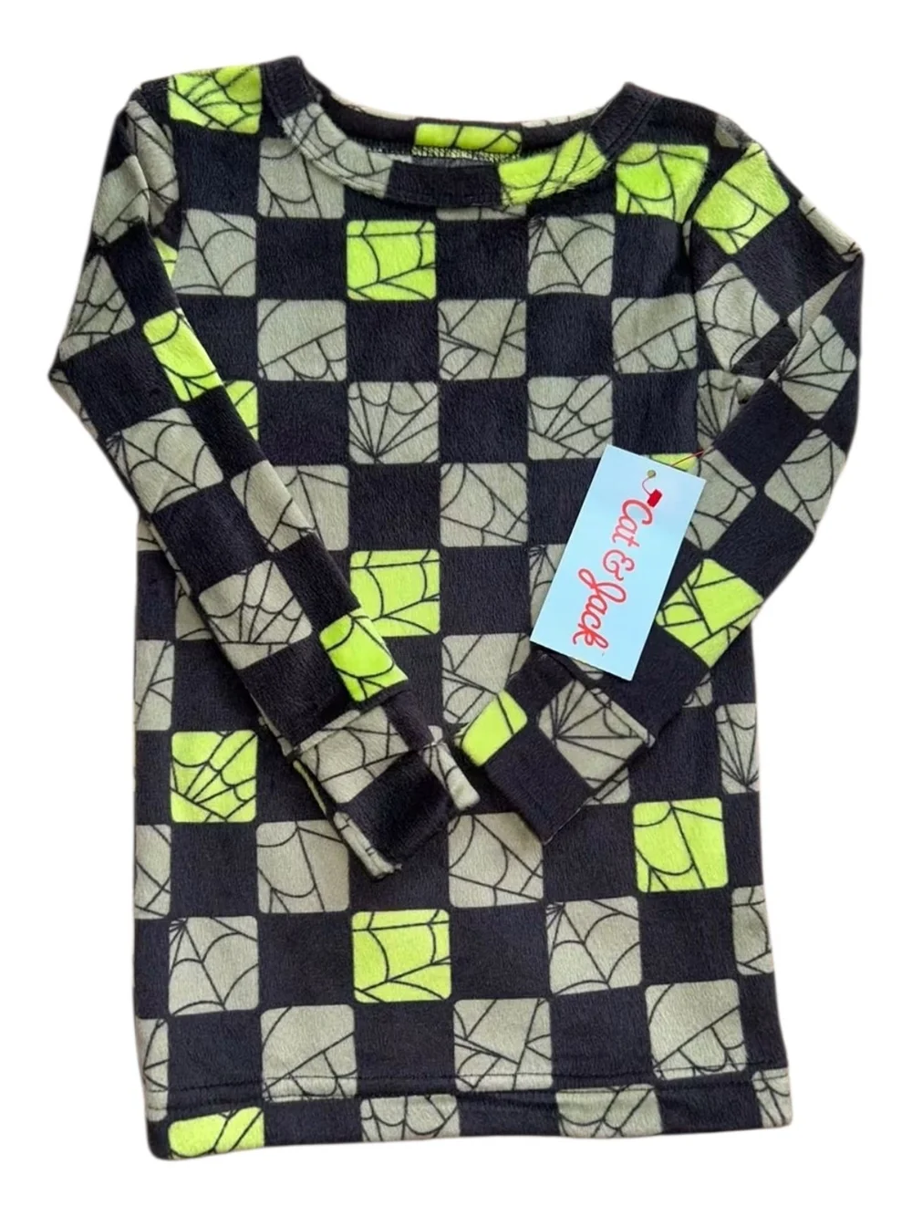 Cat & Jack Checkered Fleece Pajama Set in Black, Cream & Neon Green